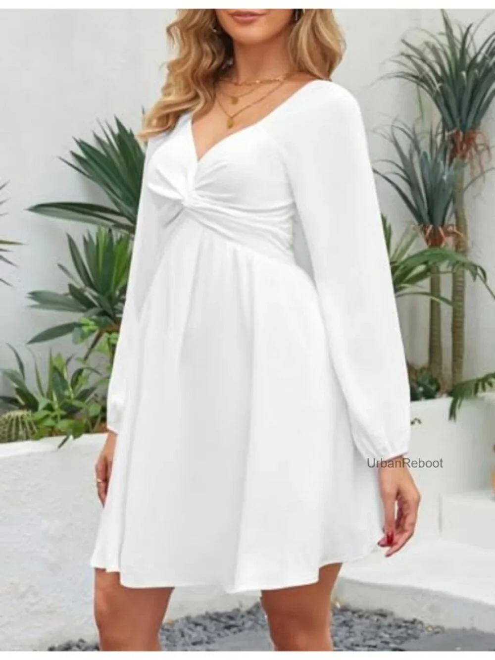 Floral Knot Front Mini Dress with Long Sleeves and Smocked Back